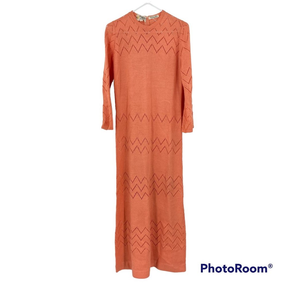 Vtg. Banff Gianni Ferri Dress Peach 70s Maxi Hippie Knitted Deadstock NWT Sz 12